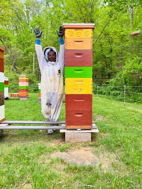 A beekeeper in full gear beside a hive at John and Dawn Johnston's apiary